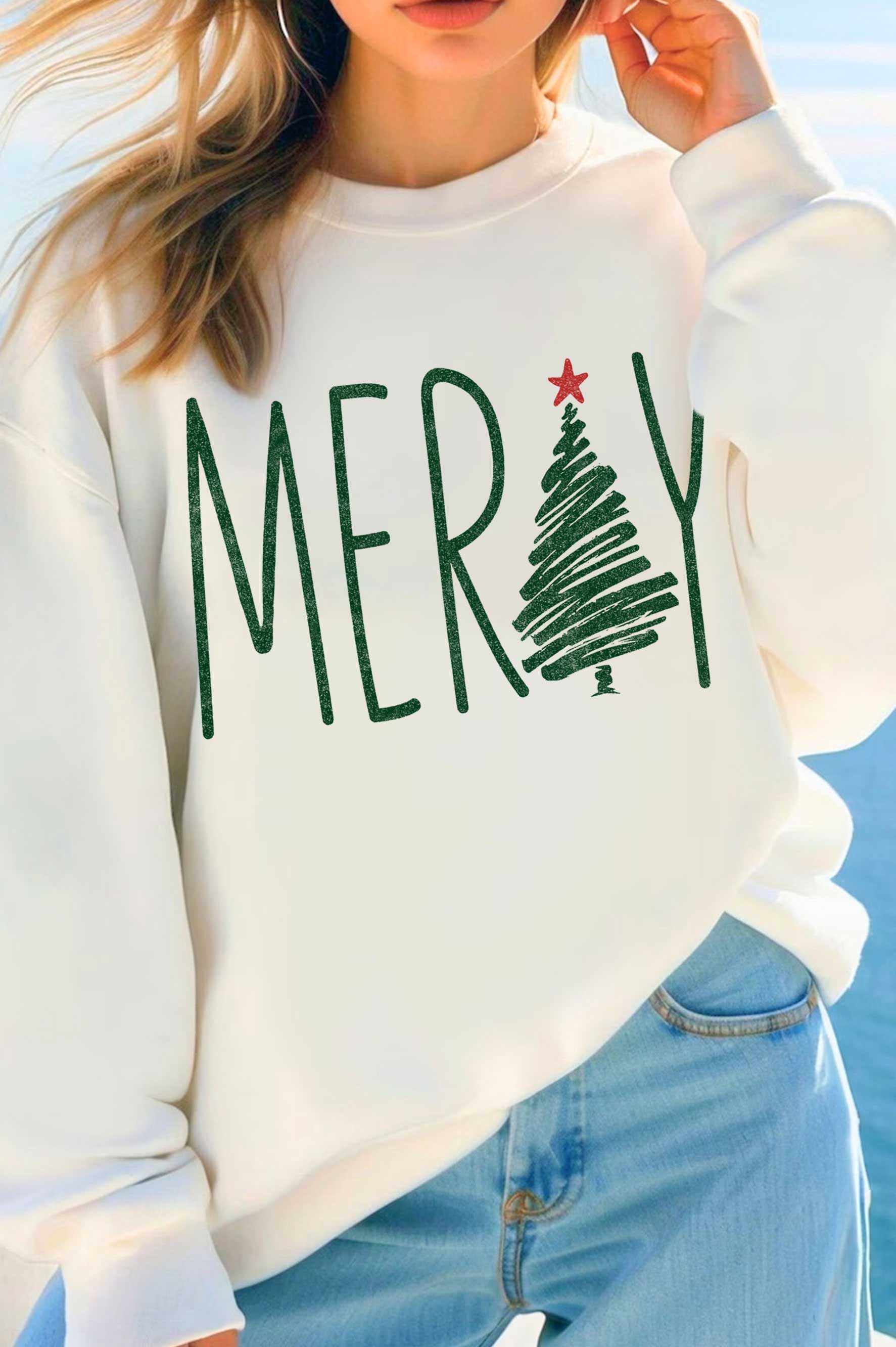 *** Rustee Clothing - MERRY CHRISTMAS TREE GRAPHIC BRUSHED SWEATSHIRTS