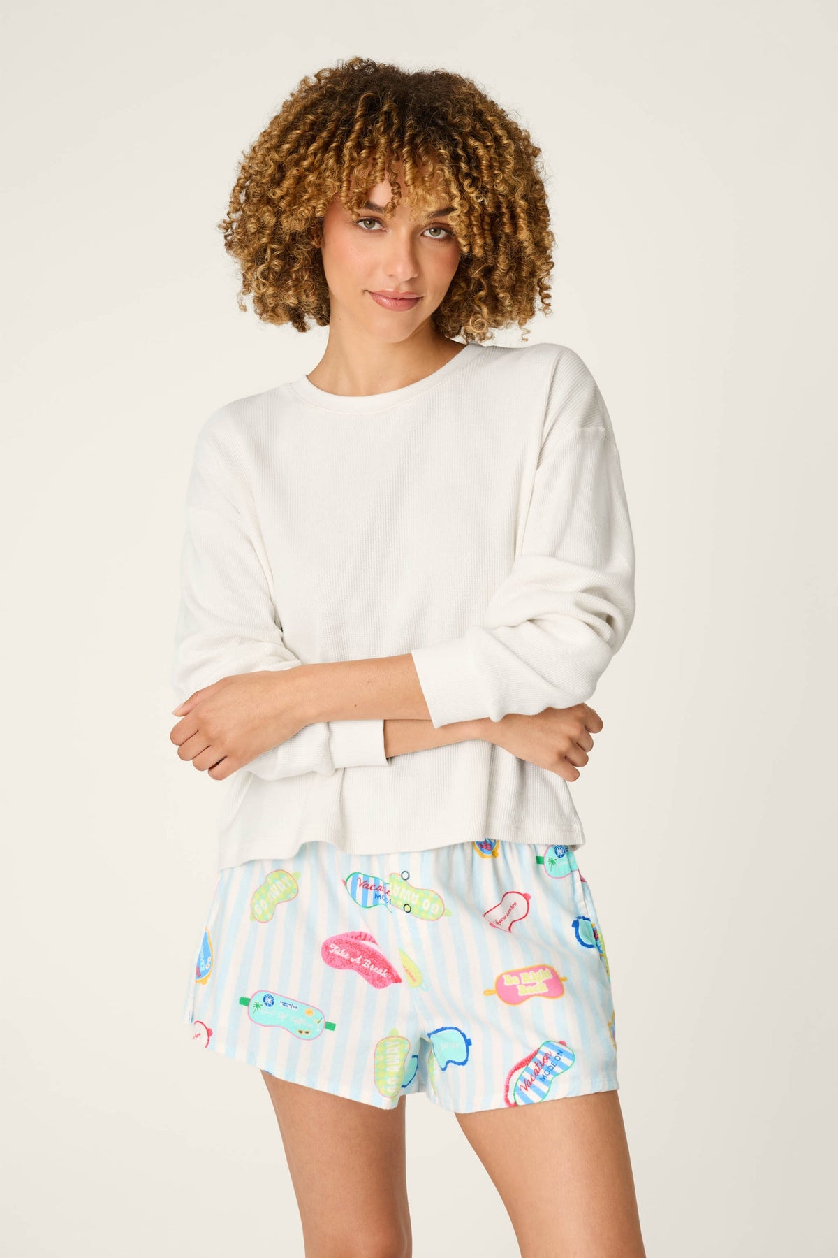 PJ Salvage waffle thermal long sleeve top in White