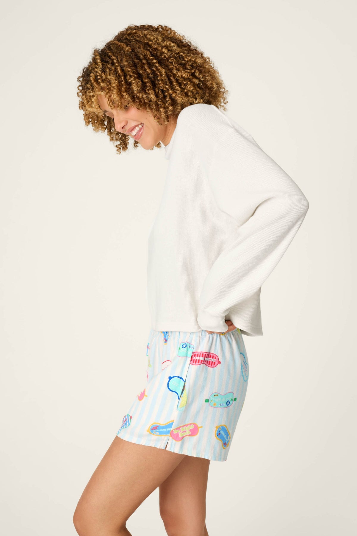 PJ Salvage waffle thermal long sleeve top in White