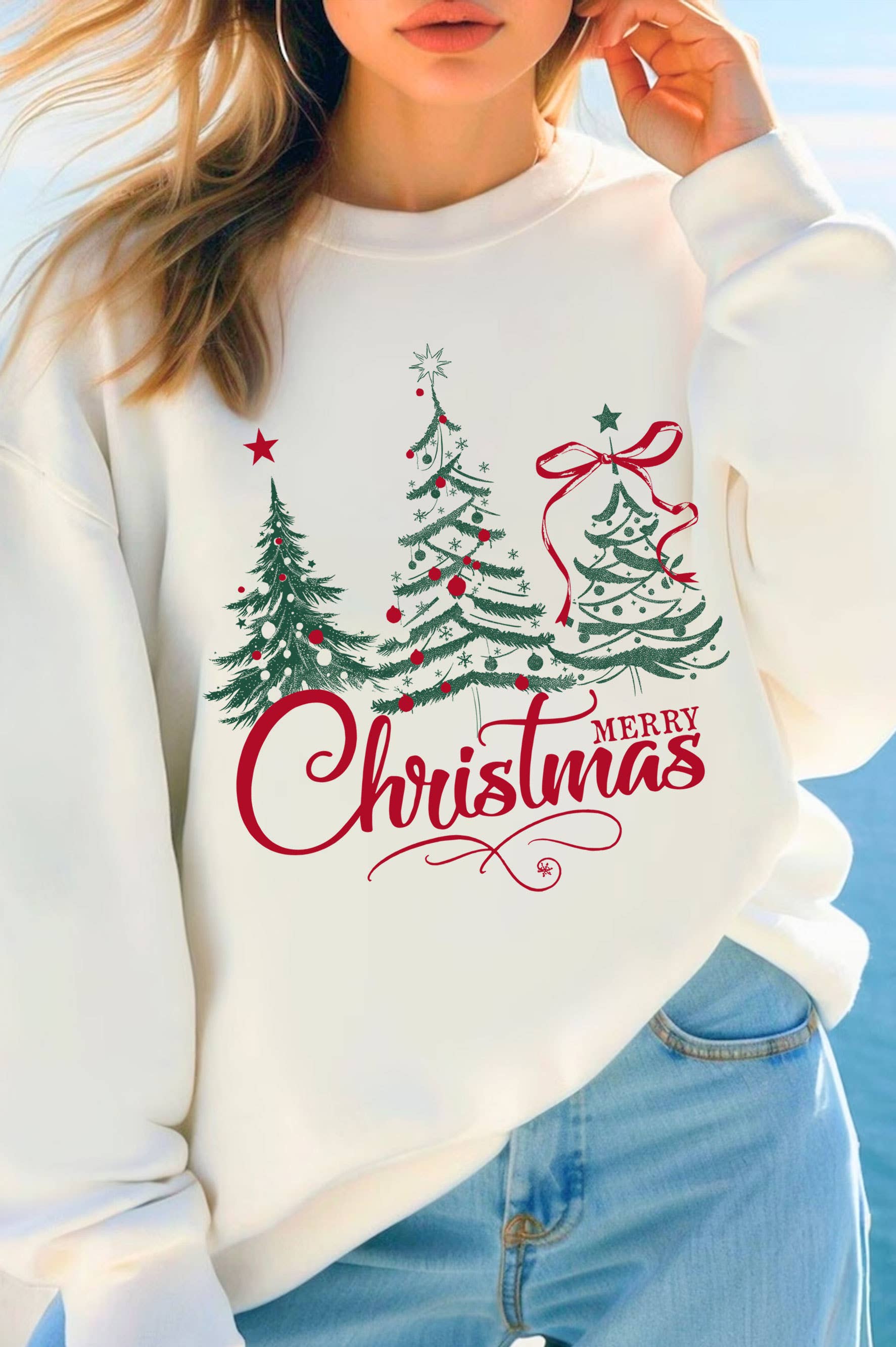*** Rustee Clothing - MERRY CHRISTMAS TREE LIGHT GRAPHIC BRUSHED SWEATSHIRTS