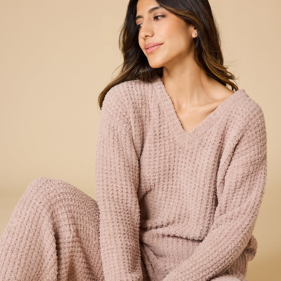 Softies Waffle Marshmallow V-Neck Long Pant Set #8200-2