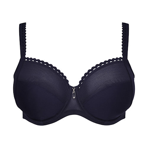 A dark navy blue wireless bra with scalloped trim and a central zipper, shown against a plain white background.