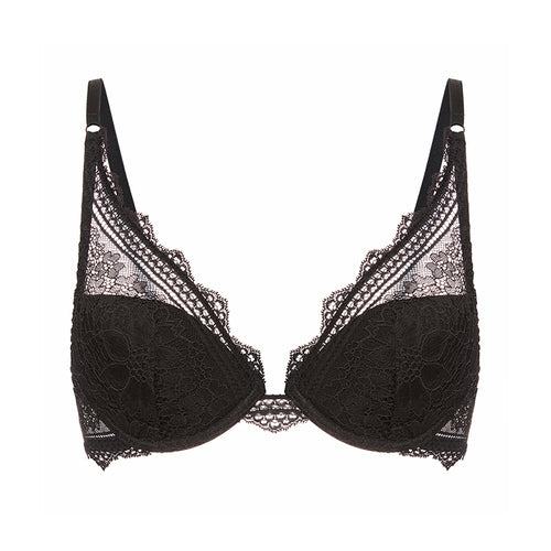 Black Push-up Bra, Clear Resin Rhinestone Embellished Cups With